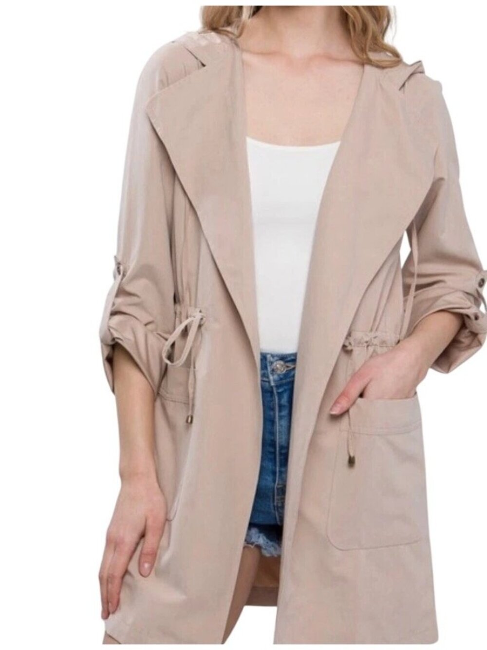 Love Tree Trench Jacket Medium Hooded Drawstring Waist Roll Up Sleeve Gorpcore